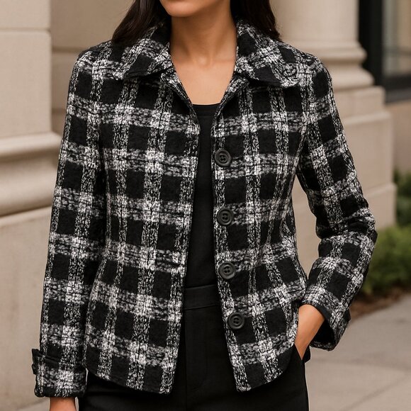 Chico's Medium Women's Black Plaid Tweed Blazer Jacket Button Front Career Chic - Picture 1 of 12